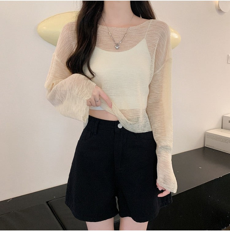 White ice silk short knitted sun blouse for women