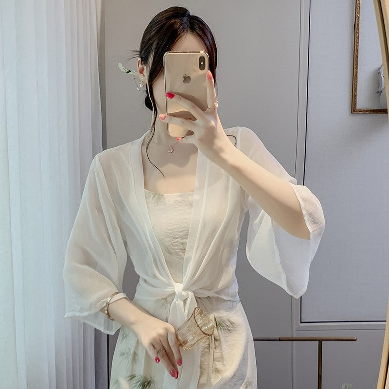 White Ice Silk Chiffon Cardigan Shawl