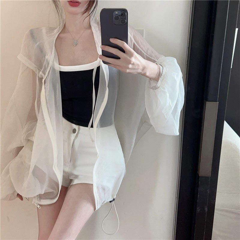 White mid-length sun protection shirt jacket Women's Summer Sun Protection