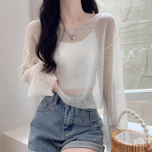 White ice silk short knitted sun blouse for women