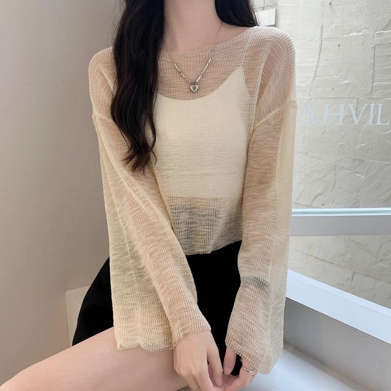 White ice silk short knitted sun blouse for women