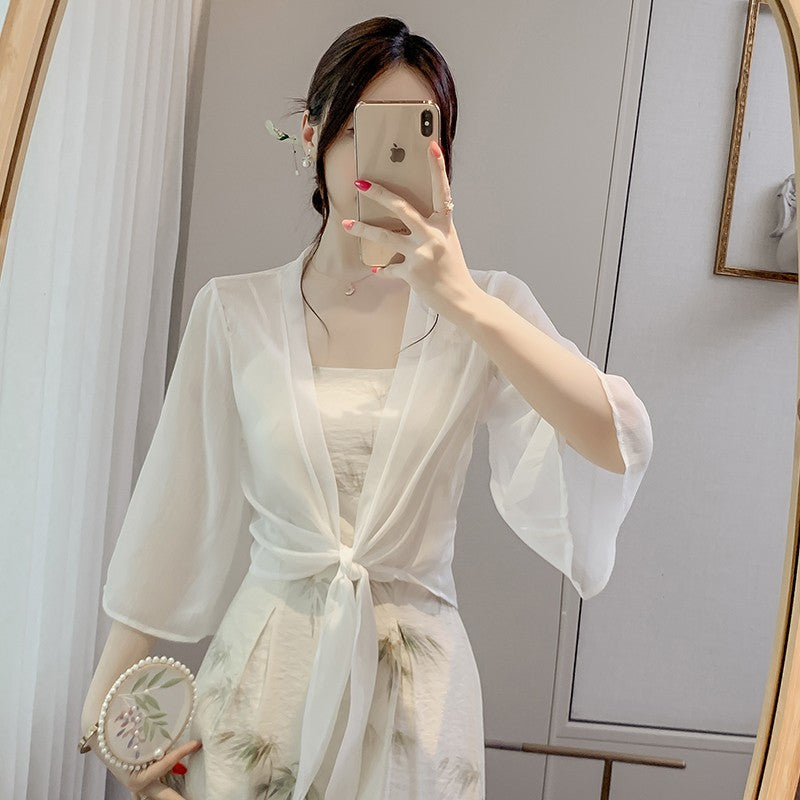 White Ice Silk Chiffon Cardigan Shawl