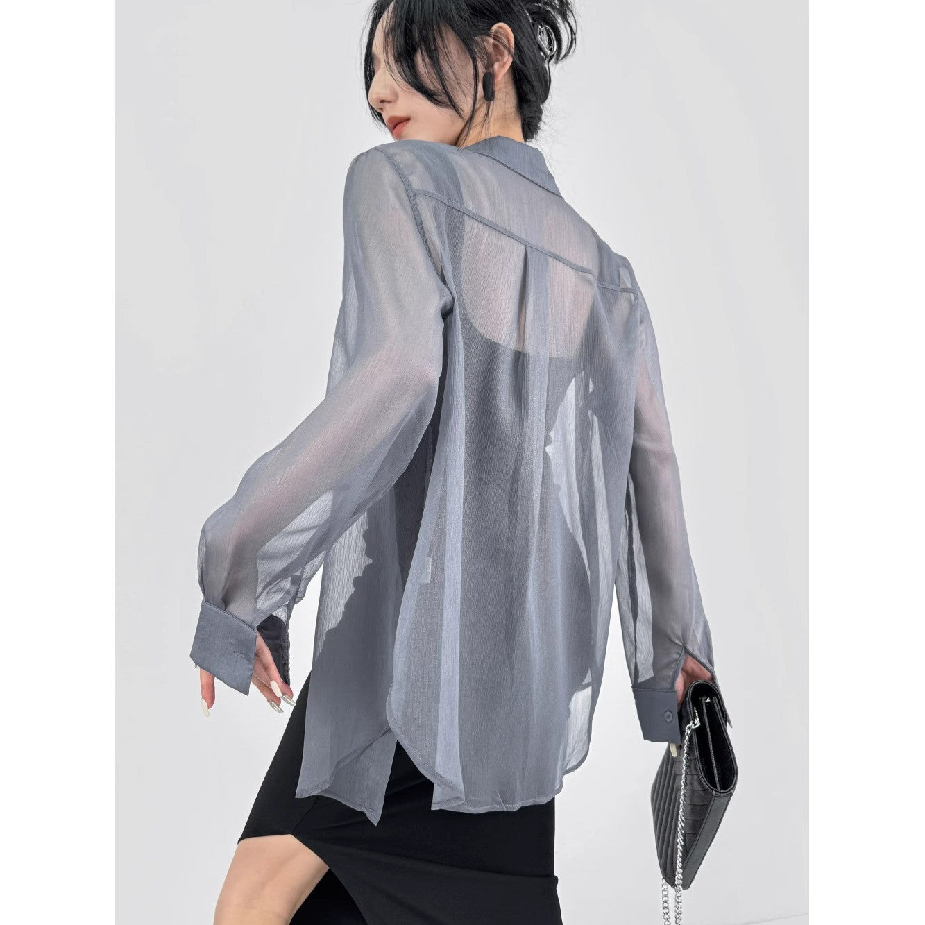 Elegant Black Tencel Chiffon Shirt