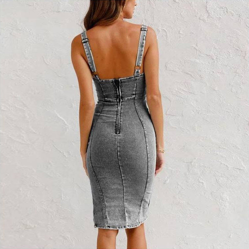 Denim Dress U-Neck Suspender Dress Slim Fit - Carline & Cleo