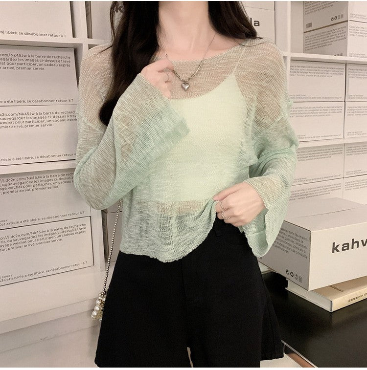 White ice silk short knitted sun blouse for women