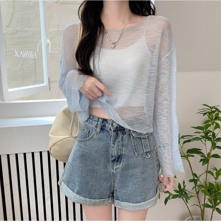 White ice silk short knitted sun blouse for women