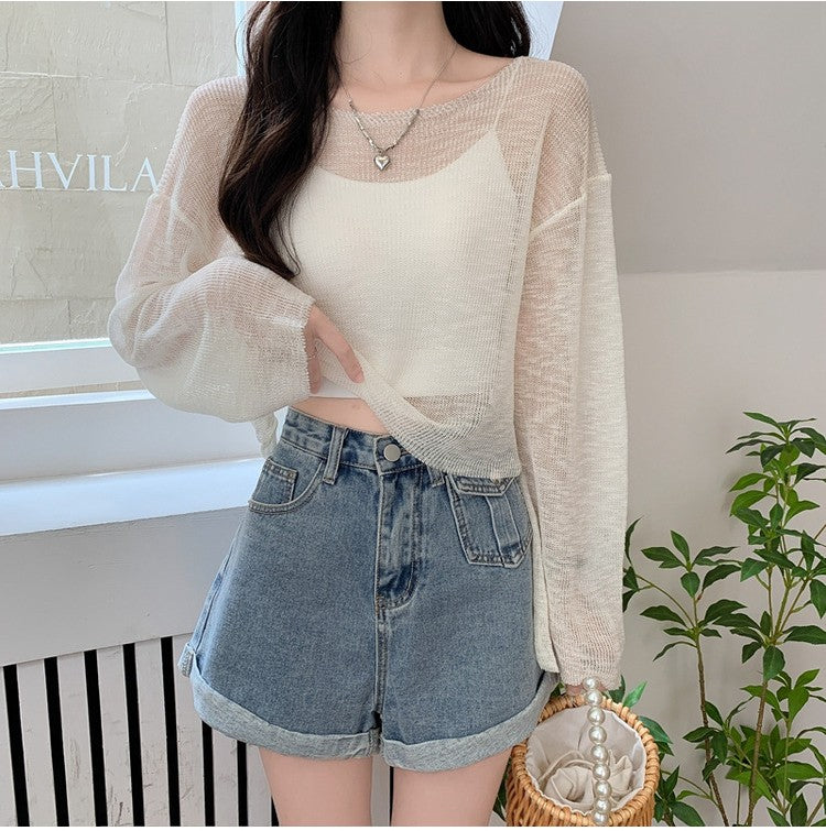 White ice silk short knitted sun blouse for women