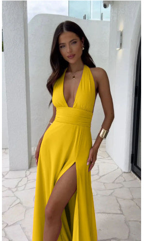 Sexy Halterneck V-neck Slit Dress Summer Backless Strappy Skirt Fashion - Carline & Cleo